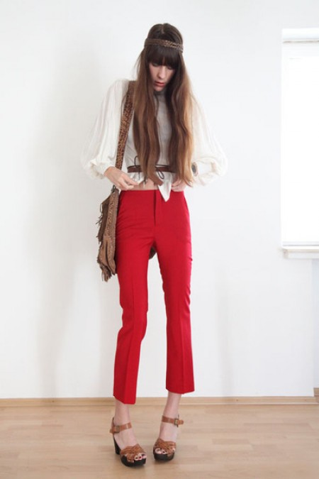 image of red pants and cream blouse