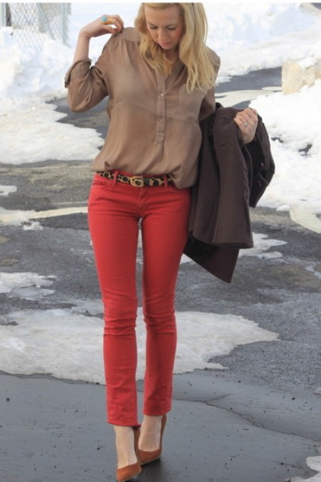 image of red pants camel shirt