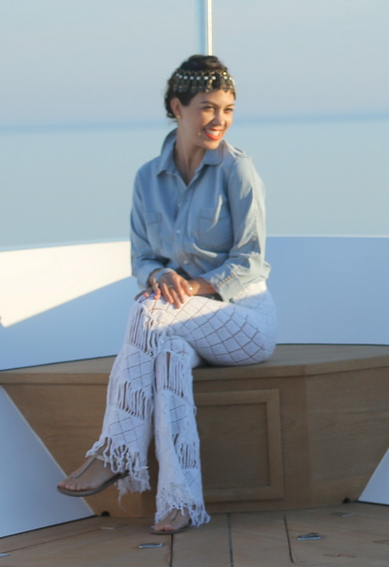 Kourtney Kardashian wearing Nightcap Clothing Diamond Crochet Bell Bottom in White
