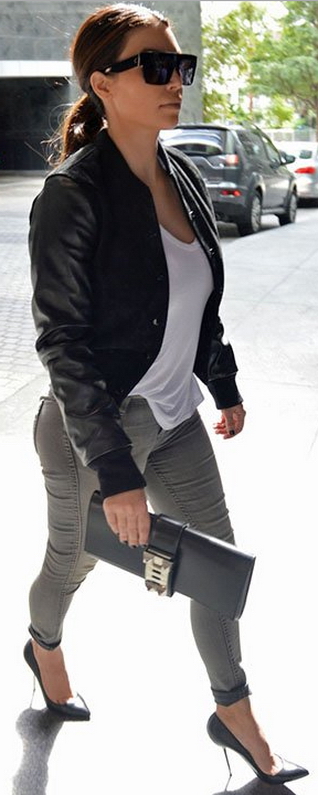 Kim Kardashian wearing Simone Varsity Bomber Jacket